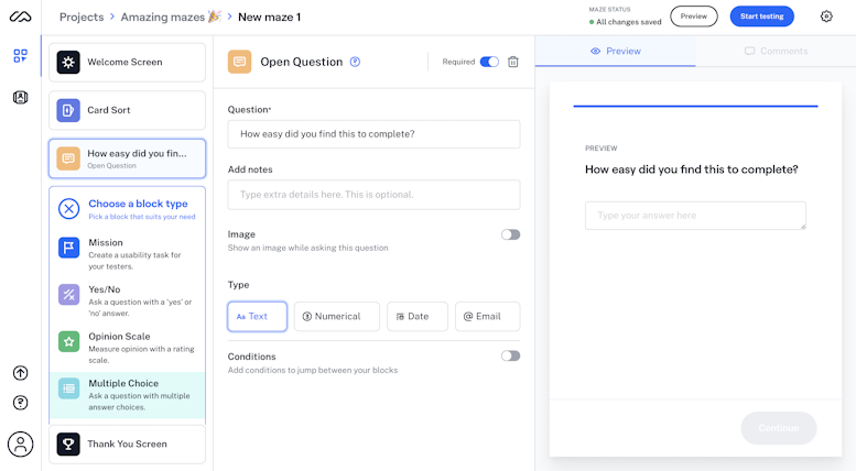 Screenshot showing the Open Question block in Maze