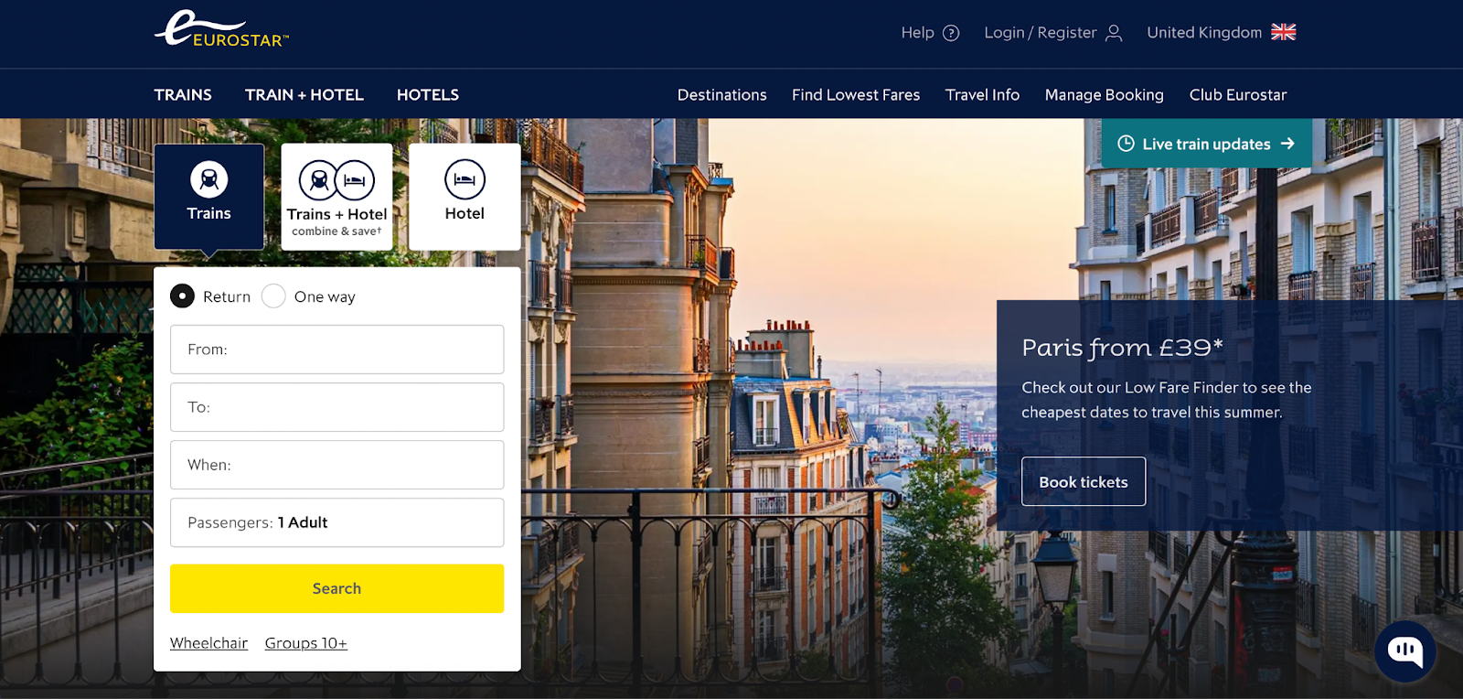 Screenshot of the Eurostar website homepage