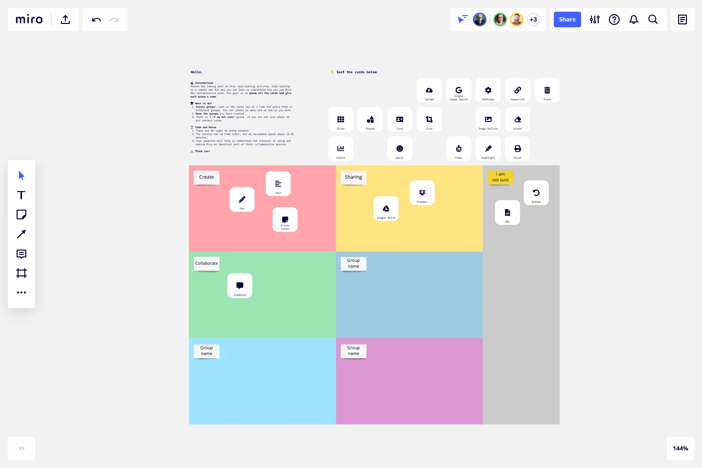 Screenshot showing a card sorting excercise plan in Miro