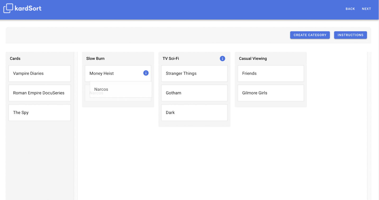 Screenshot showing a card sorting session in progress using kardSort