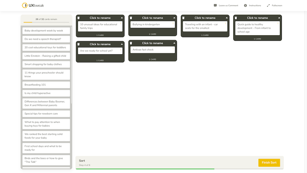 Screenshot of card sort taking place in UXtweak