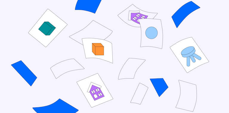 Illustration of floating cards with icons on them