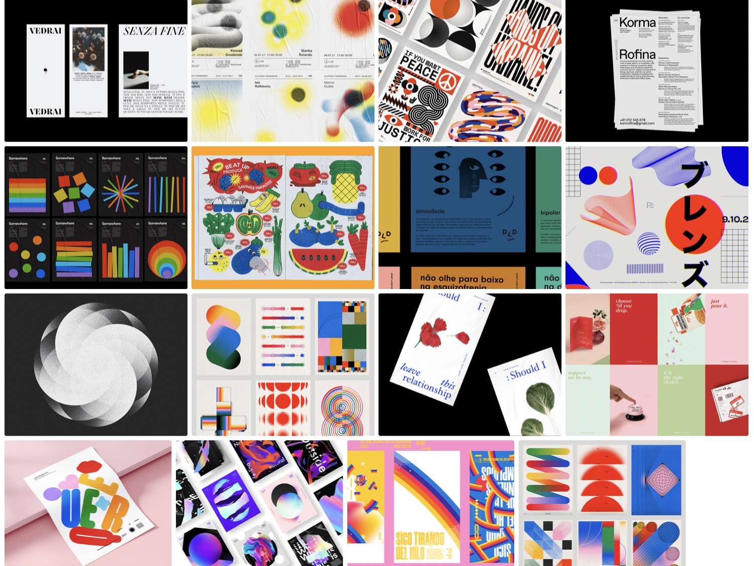 Mood board showing images of bright, graphic, abstract posters art