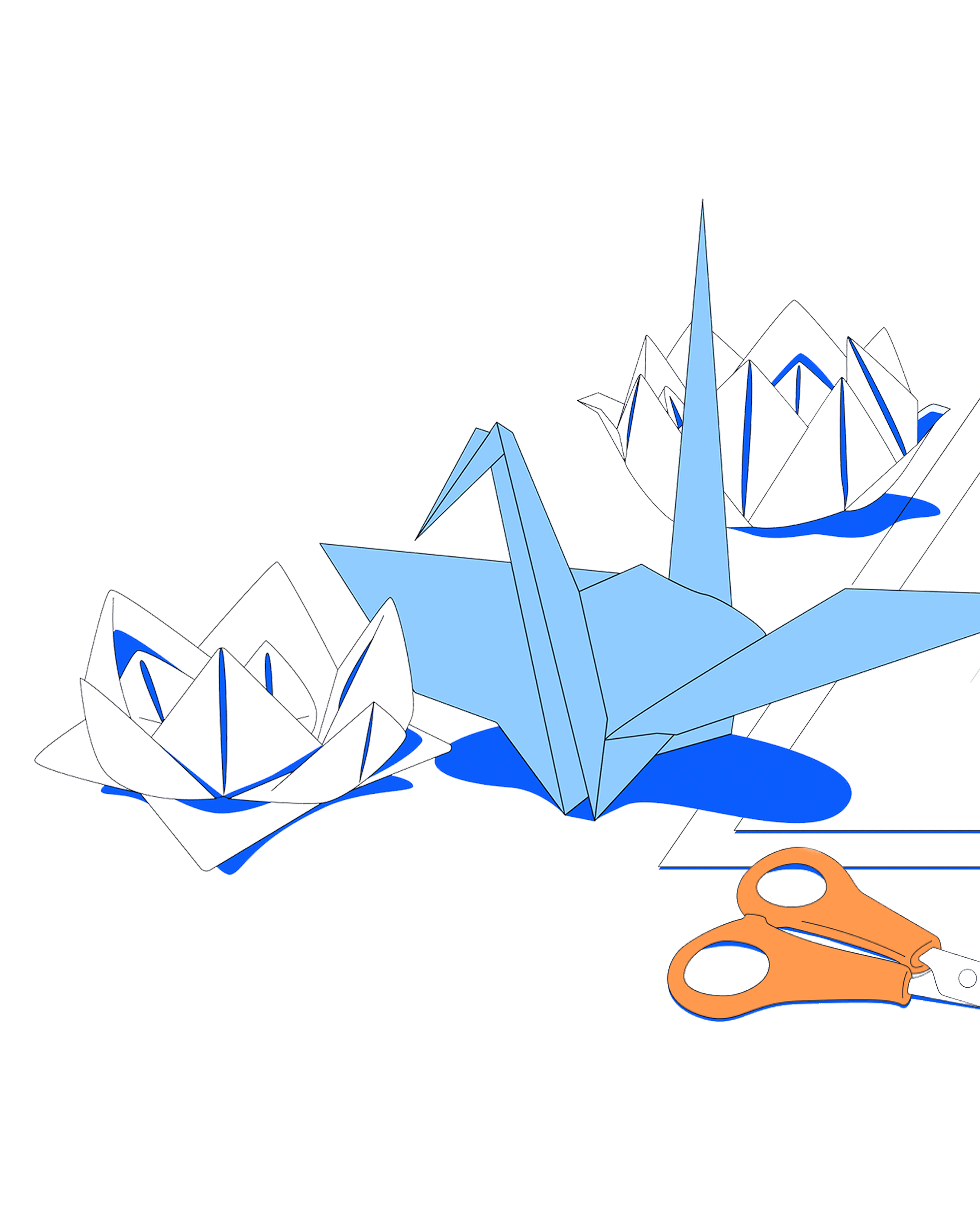 Two origami lotus flowers are next to an origami crane beside a set of scissors