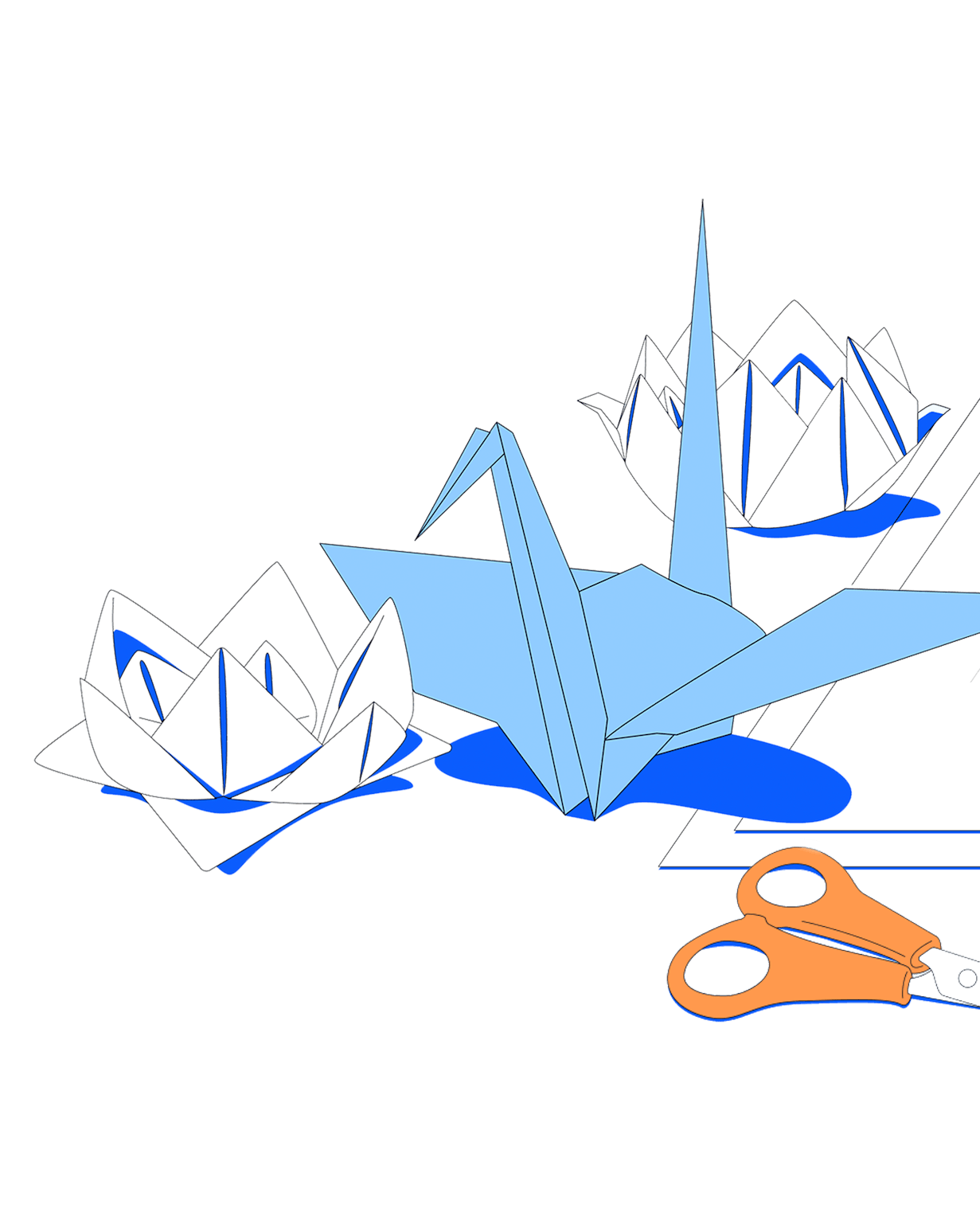 Design at Maze: How we’re evolving our design system into a company-wide resource Two origami lotus flowers are next to an origami crane beside a set of scissors