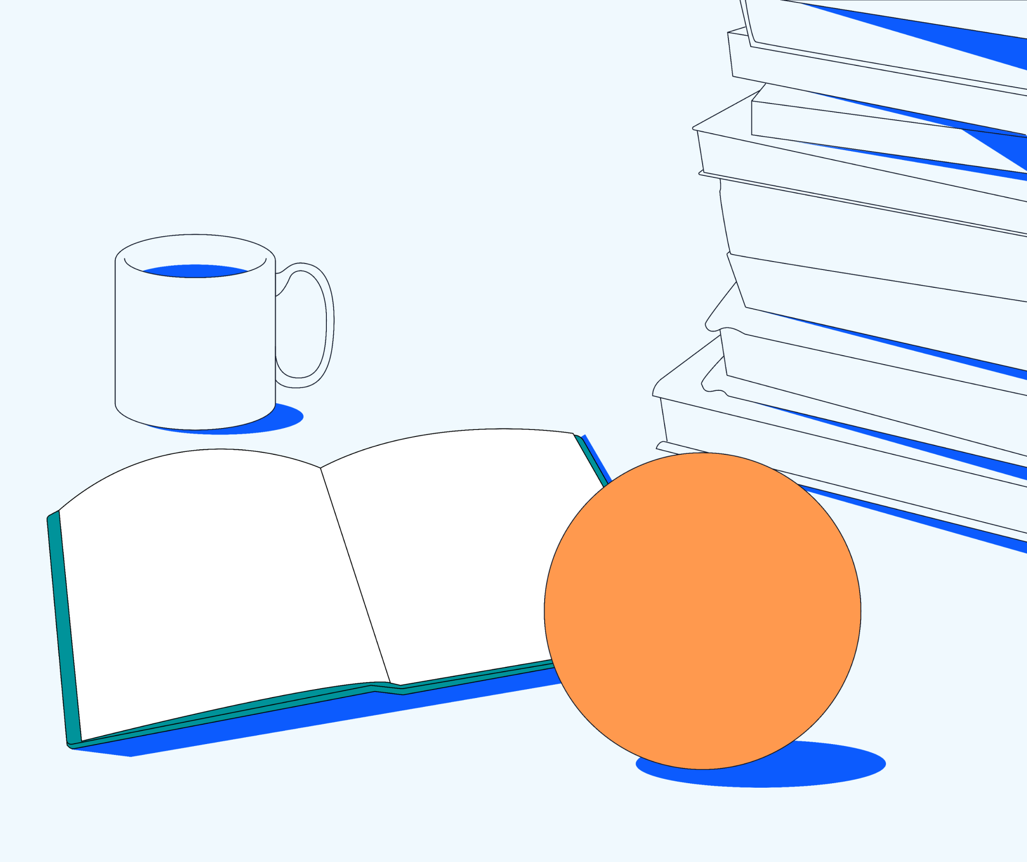 An open book sits beside stack of UX books, an orange ball and coffee cup