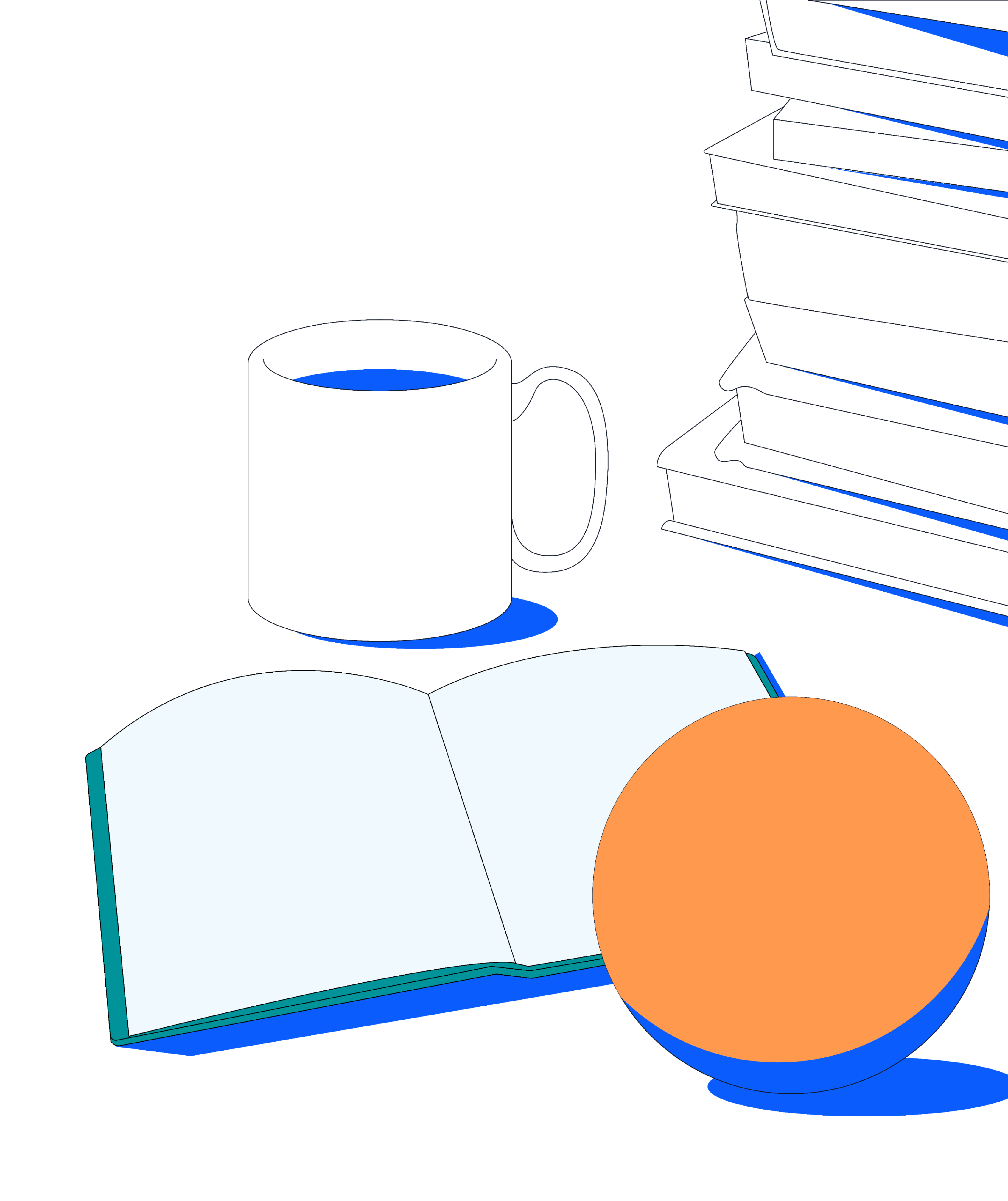 An open book sits beside stack of UX books, an orange ball and coffee cup