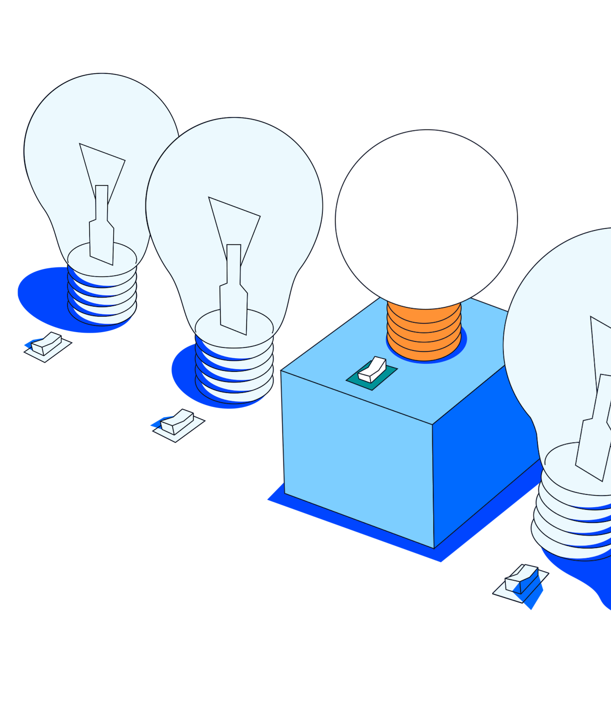 Row of four lightbulbs with switches, one lightbulb is turned on, representing UX leaders