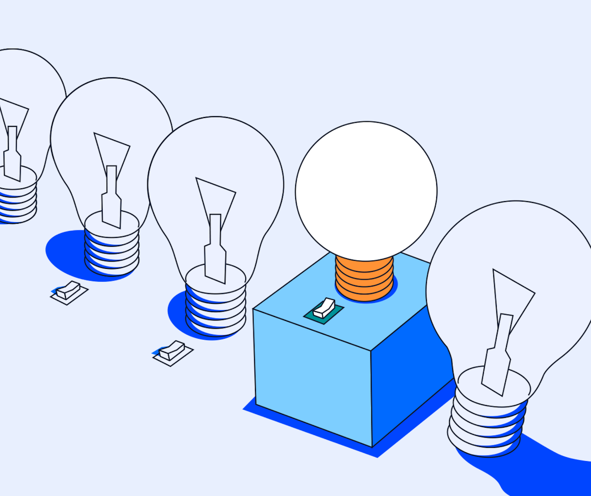 Row of four lightbulbs with switches, one lightbulb is turned on, representing UX leaders