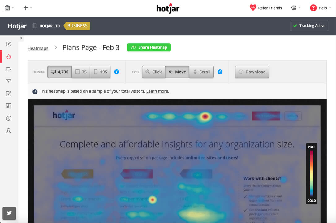 Screenshot of heat map software usability testing tool