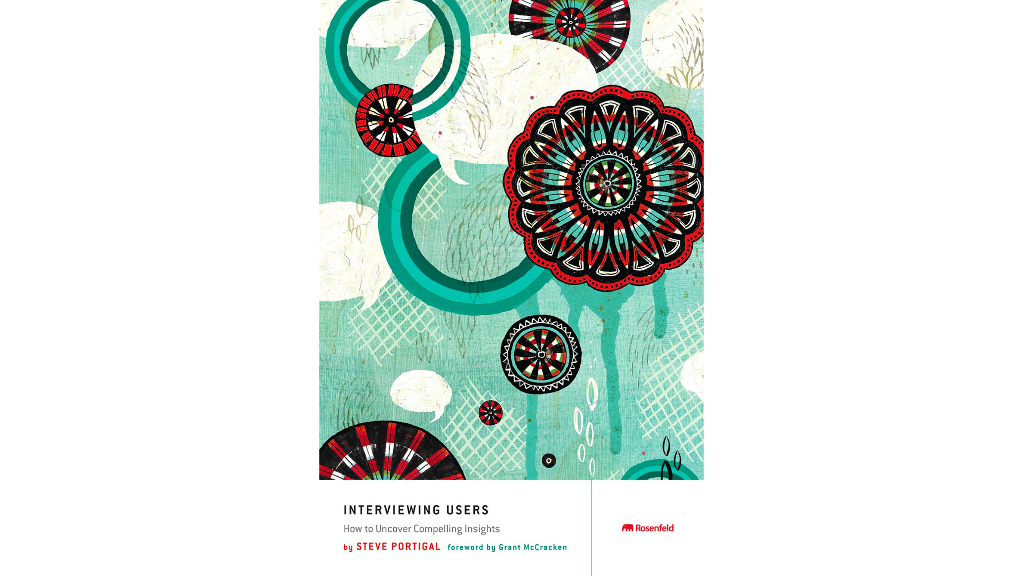 Turquoise book cover with red geometric shapes and white speech bubbles