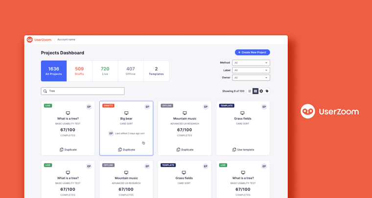 UserZoom projects dashboard
