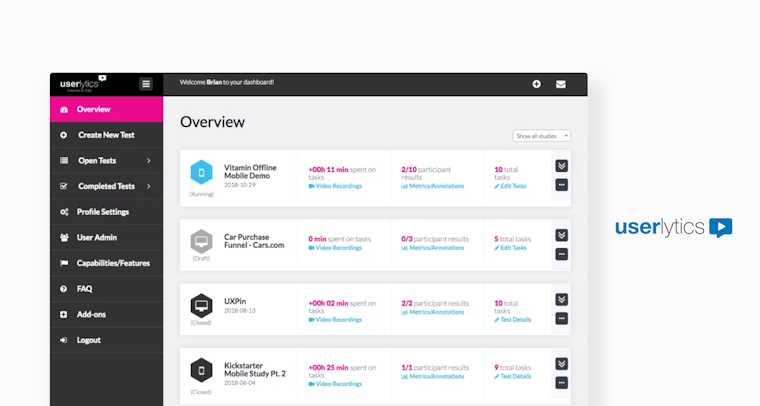 Userlytics usability testing platform dashboard