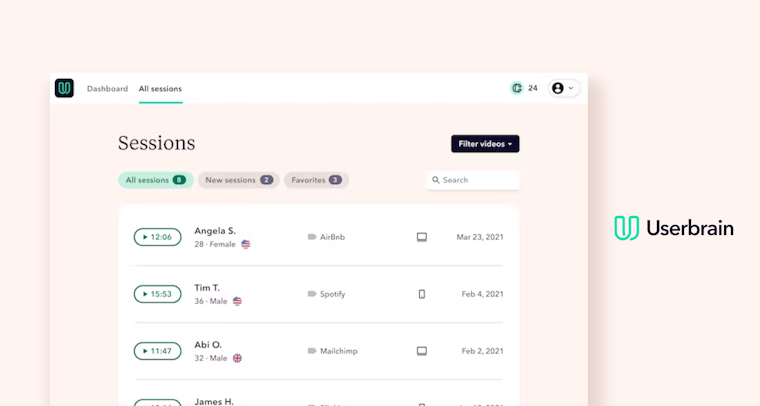Userbrain usability testing tool screenshots of sessions dashboard