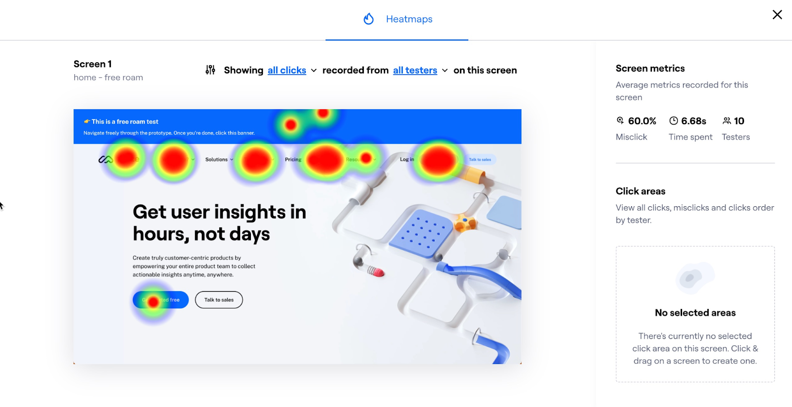 Usability testing heatmap showing where users click and hesitate on a prototype