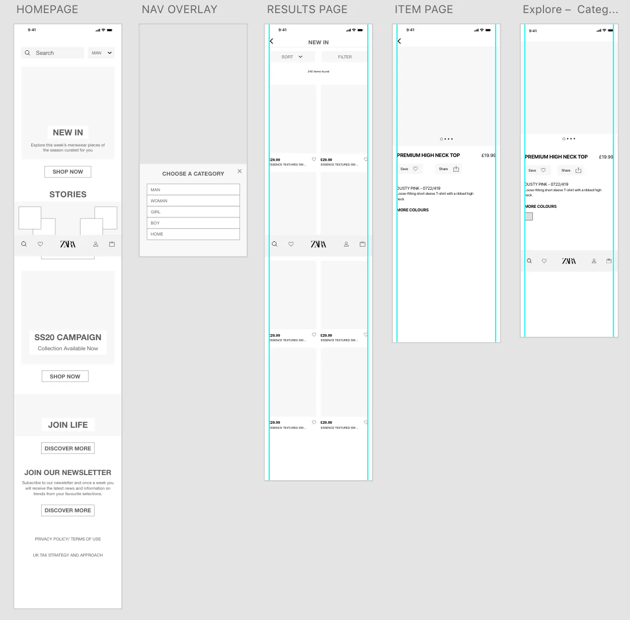 medium fidelity wireframes for zara redesign