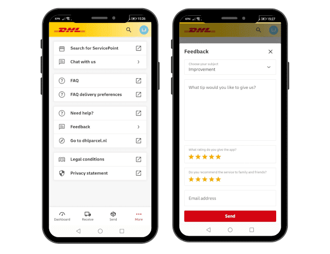 Mockup of DHL’s mobile app showing a feedback survey