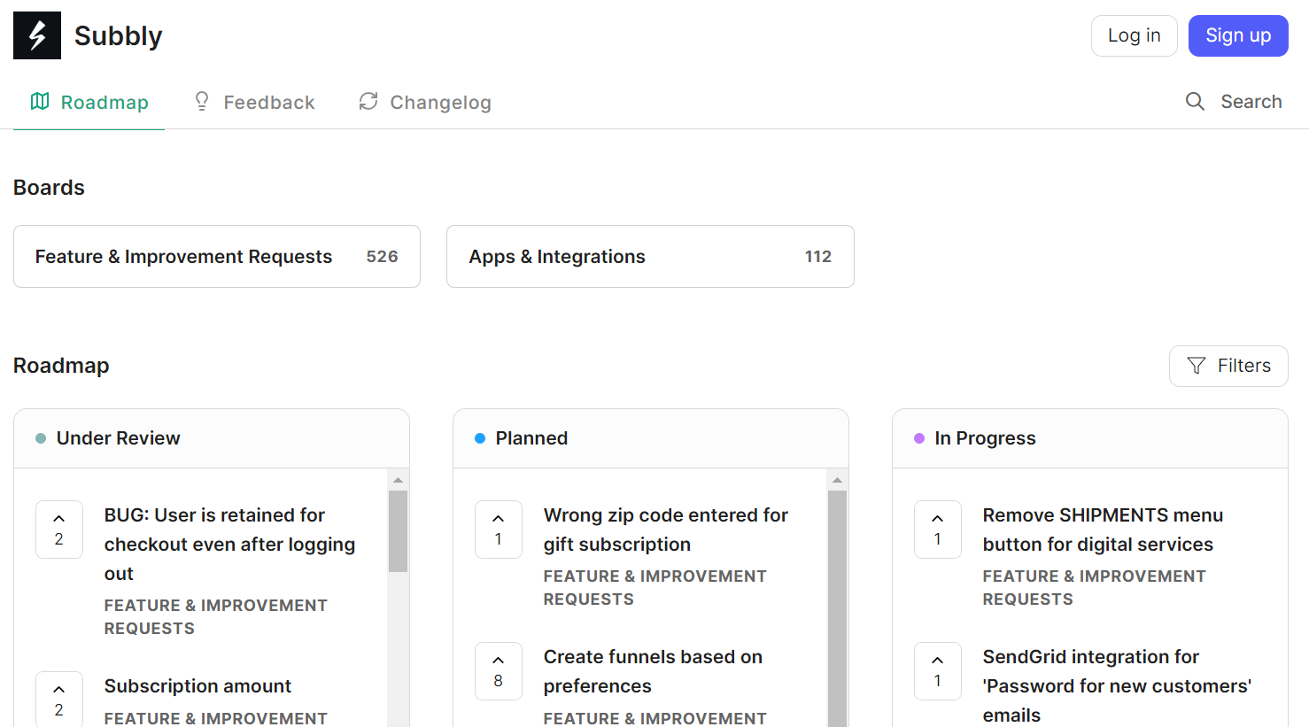 Subbly’s feedback page showing the backlog of product updates