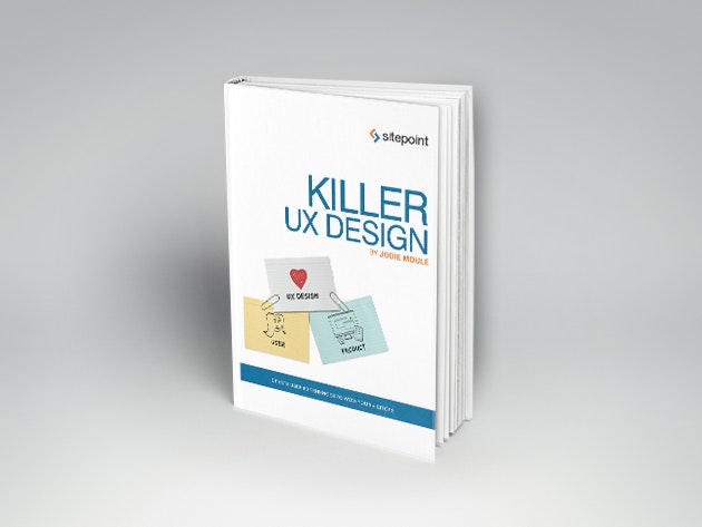 white book cover with blue text reading killer ux design next to three post it notes