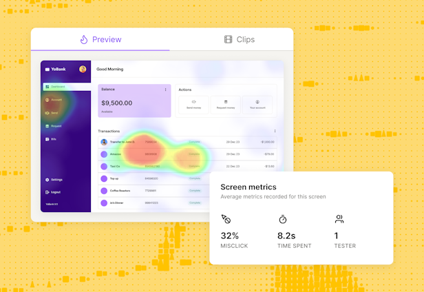 Maze UX report showing a click heatmap and screen metrics (misclick rate, time spent)