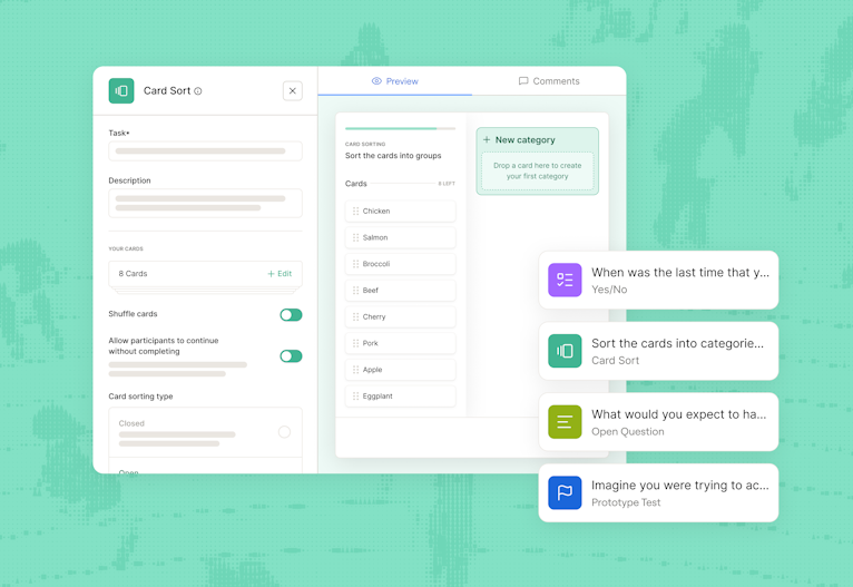 Maze interface for validating UX decisions using card sorting and guided user testing tasks.