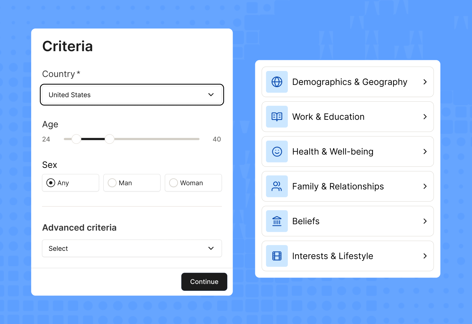 The Maze participant targeting interface showing filters for country, age, and sex alongside advanced criteria categories like demographics, work, and lifestyle.