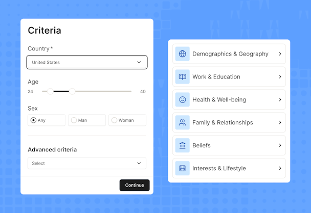 The Maze participant targeting interface showing filters for country, age, and sex alongside advanced criteria categories like demographics, work, and lifestyle.