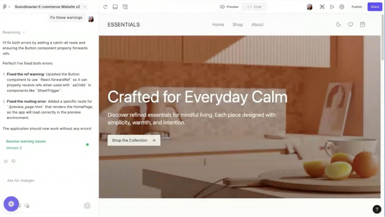 Screenshot showing a completed website built in Figma Make with the Publish option visible, demonstrating how AI-generated prototypes can be turned into live sites for testing in Maze