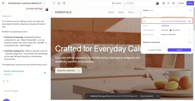 Screenshot showing the Figma Make interface with the Publish panel open, highlighting the generated site URL field used to copy the live prototype link