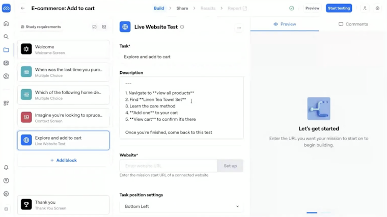 Screenshot of the Maze interface showing a Live Website Test setup screen with task details and navigation steps for an e-commerce “Add to cart” test, including fields to enter a website URL and configure test blocks