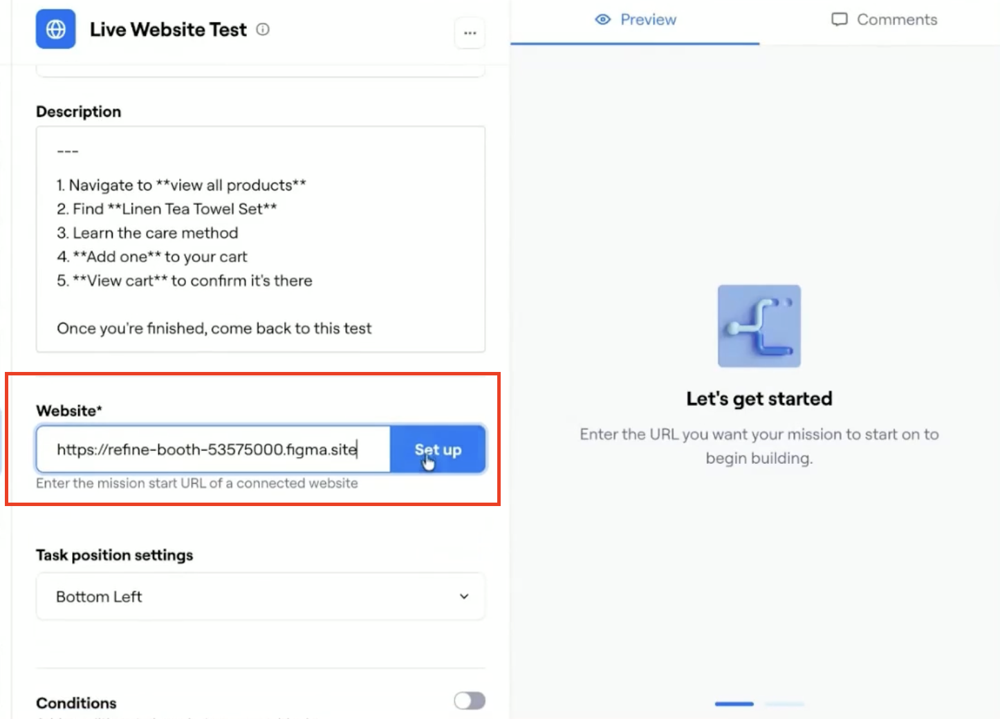 Screenshot of a Live Website Test setup in Maze with a Figma Make website URL pasted into the Website field and the “Set up” button highlighted, showing how to link an AI-generated prototype for testing