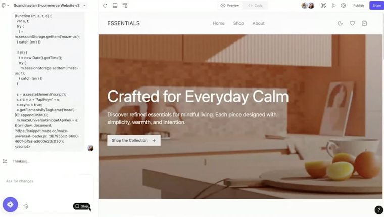 Screenshot showing the Maze tracking code snippet pasted into the custom code panel in Figma Make, next to a live website preview, before publishing for Maze live website testing