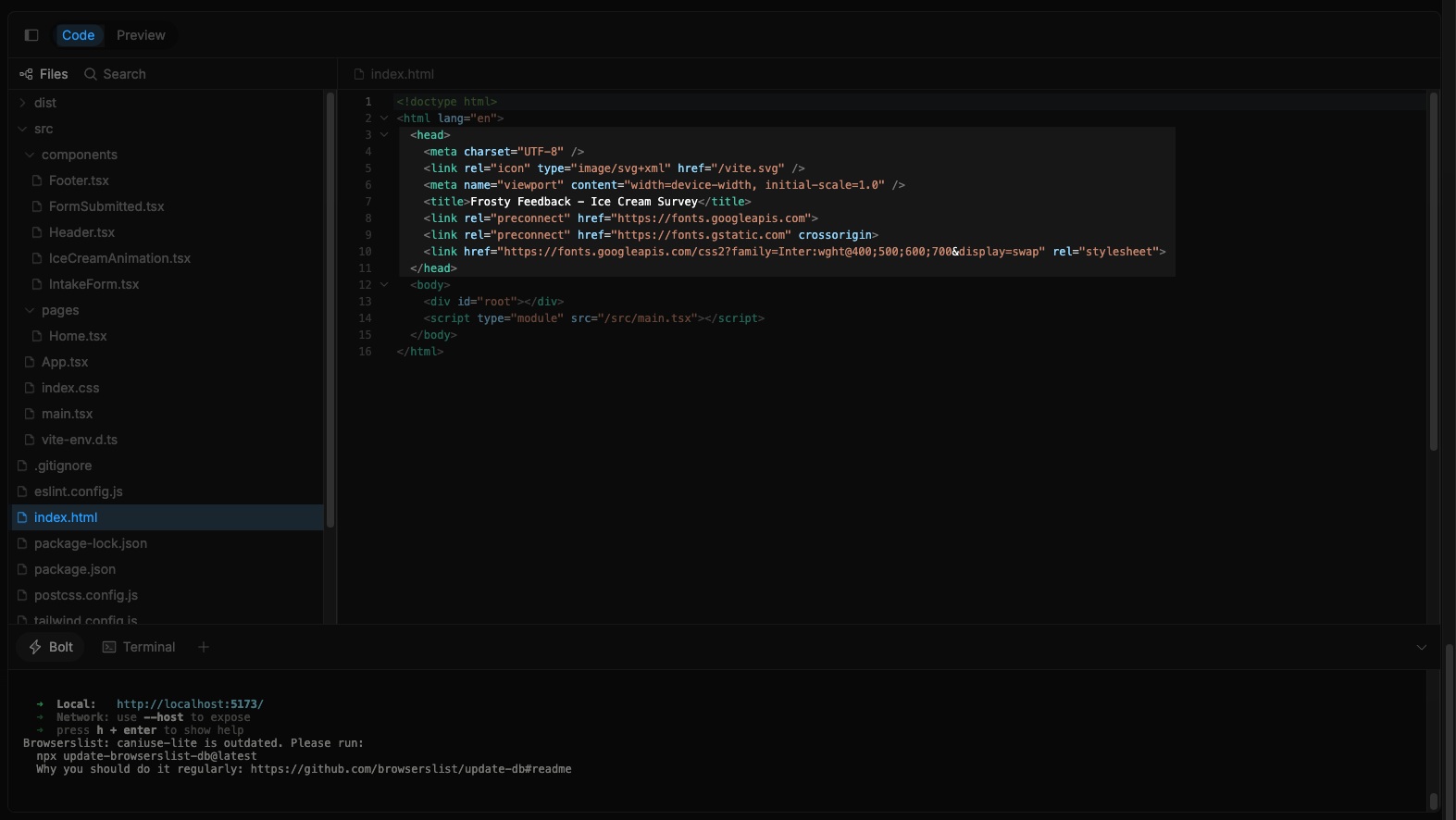 Screenshot of Bolt’s code editor showing the index.html file, where the user can paste the Maze tracking snippet inside the <head> section to enable website testing