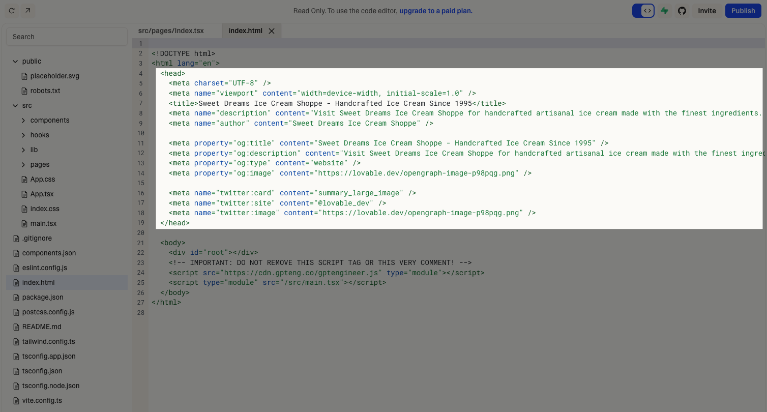 Screenshot of Lovable’s code editor showing the index.html file, where the user can paste the Maze tracking snippet inside the <head> tag to enable live website testing