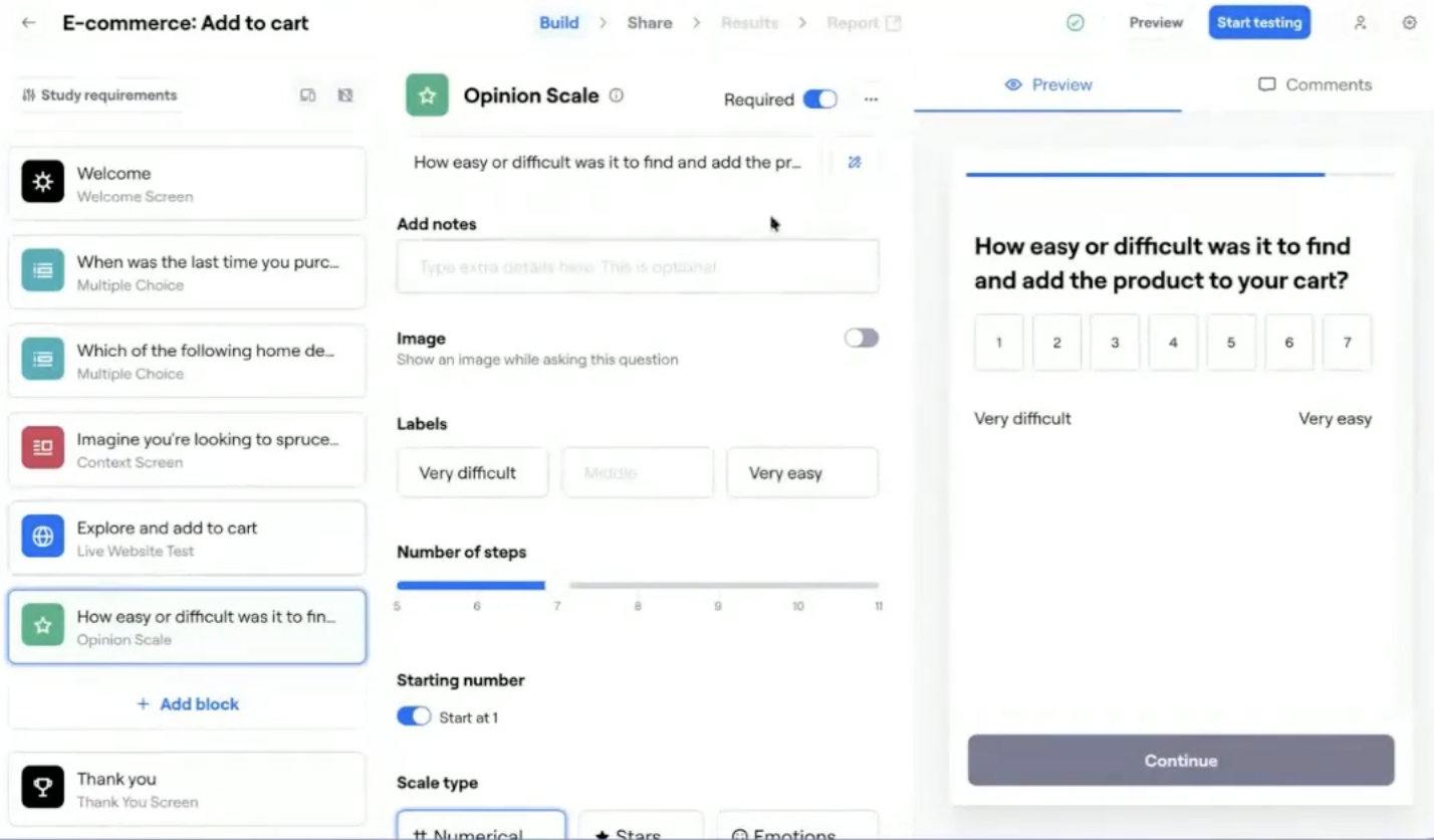 Screenshot of the Maze interface showing an opinion scale question setup, where participants rate their experience on a numbered scale to provide post-task feedback in a usability study