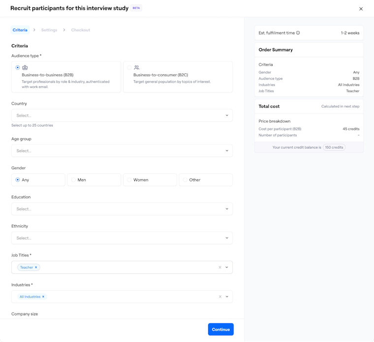 Screenshot of the Maze Panel recruitment screen showing options to define participant criteria such as B2B/B2C audience type, country, age, gender, education, ethnicity, job titles, industries, and company size, with an order summary on the right