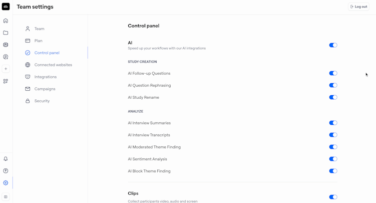A gif of the Maze Team Settings Control Panel with toggles for AI features, Clips, interview permissions, and public report sharing.
