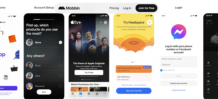 Screenshot of Mobbin’s interface displaying multiple mobile UI examples, including onboarding questions, streaming service previews, wellness app trials, and login screens.