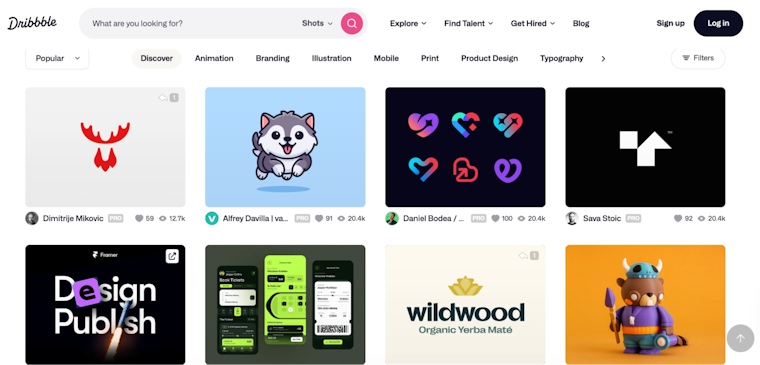 Screenshot of Dribbble’s Discover page with various design shots.