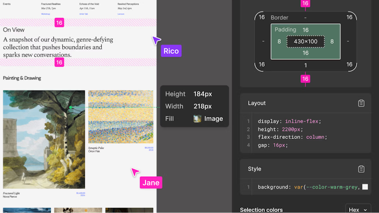 Screenshot of a Figma file showing a design on the left and the inspect panel on the right, displaying padding, spacing, dimensions, and CSS properties.