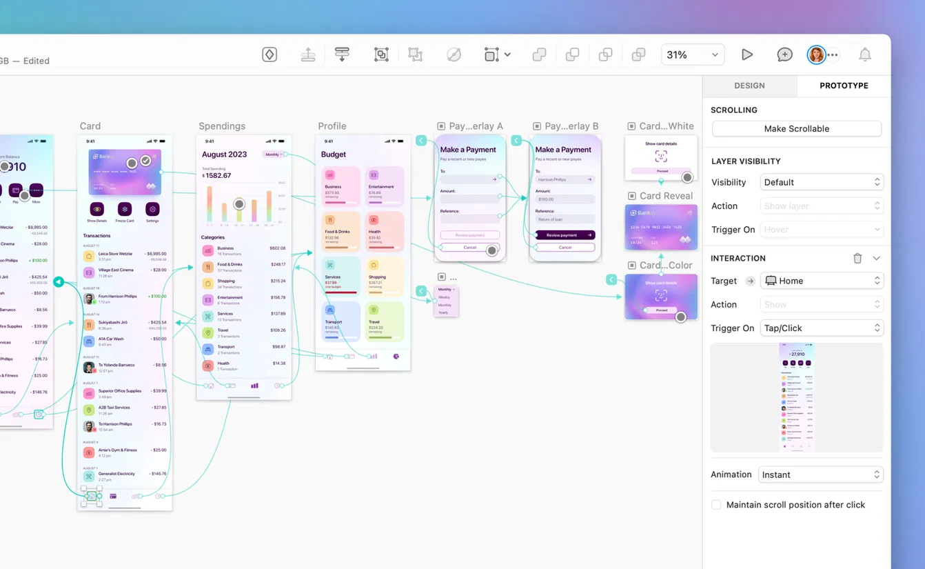 Screenshot of Sketch showing multiple mobile app screens connected with interaction flows and the prototype settings panel on the right.