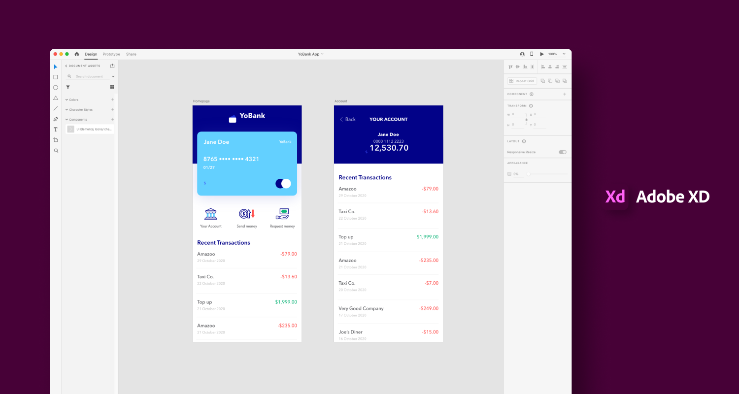 Screenshot of Adobe XD showing two mobile banking app screens on the canvas with tool panels on the left and right.