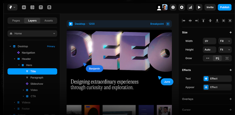 Screenshot of Framer showing a desktop page design in the center, a layers panel on the left, and size and effects controls on the right.