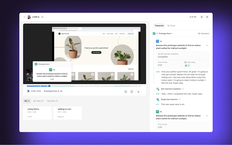 Screenshot of Dscout showing a participant’s recorded prototype session on the left and a synced transcript with task details on the right.