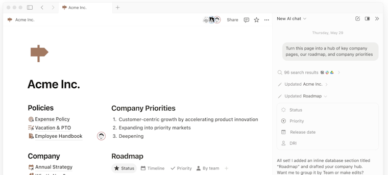Screenshot of Notion showing a company overview page on the left and an AI-assisted editing sidebar on the right.