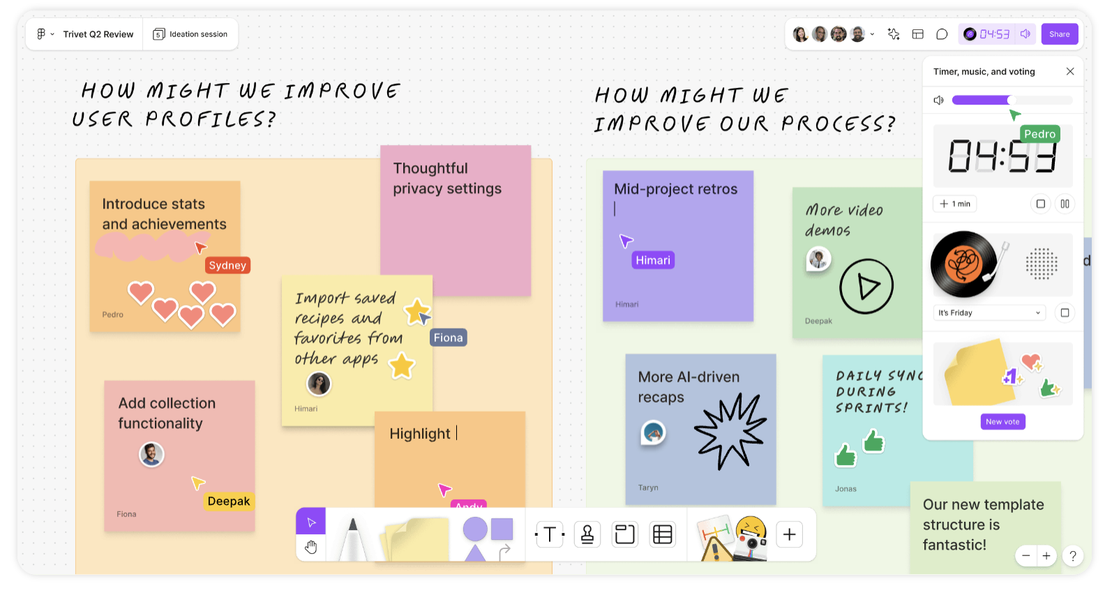 Screenshot of FigJam showing an ideation board filled with colorful sticky notes, user cursors, voting stickers, and a timer panel on the right.