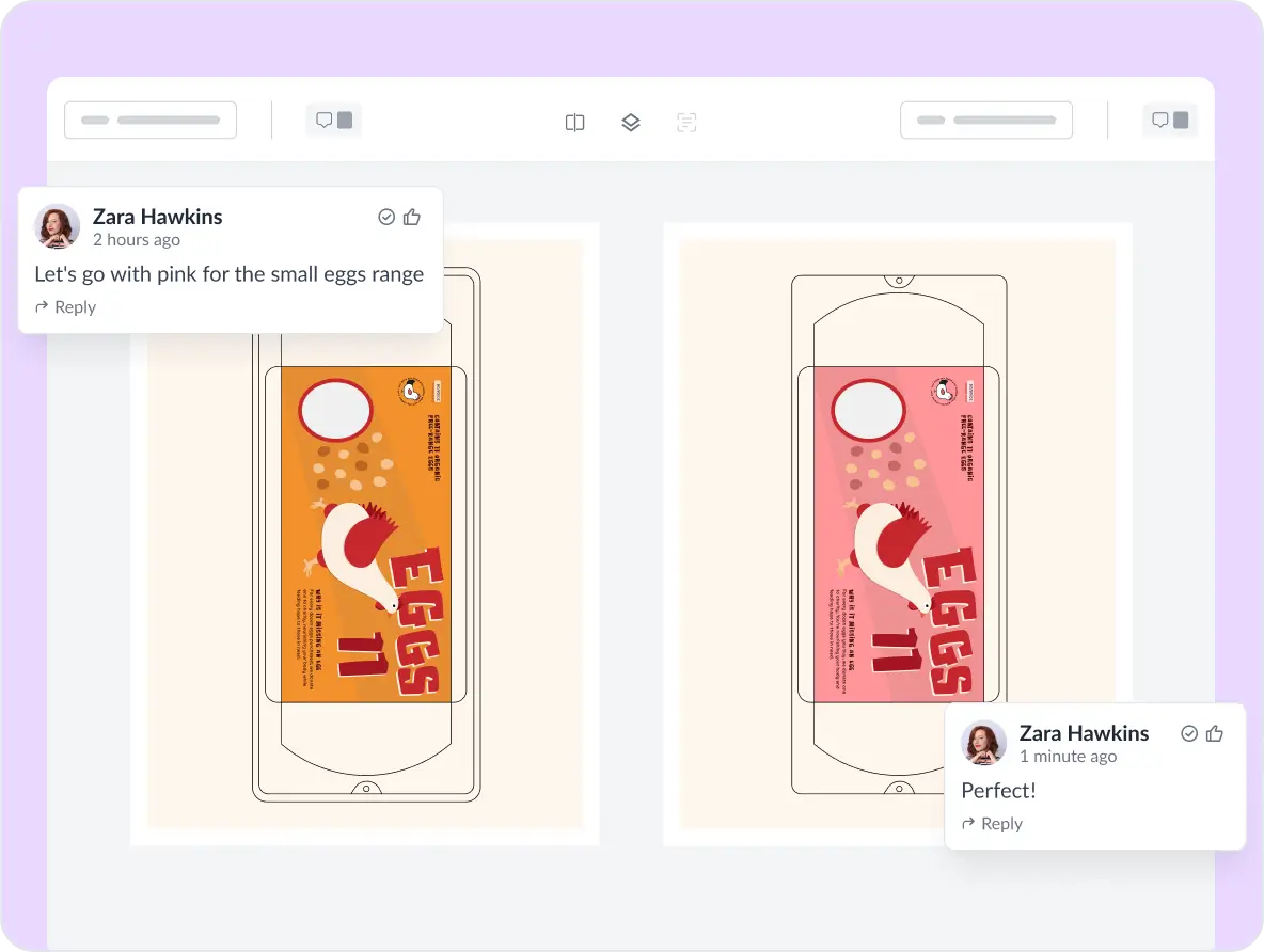 Screenshot of Filestage showing two design variations presented side by side, with reviewer comments pinned above each version.