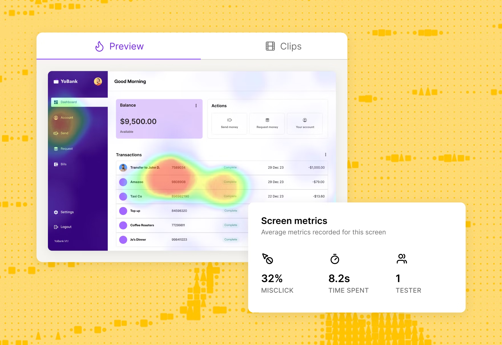 Maze usability test heatmap and screen metrics highlighting user clicks, misclick rate, and time spent on a banking dashboard