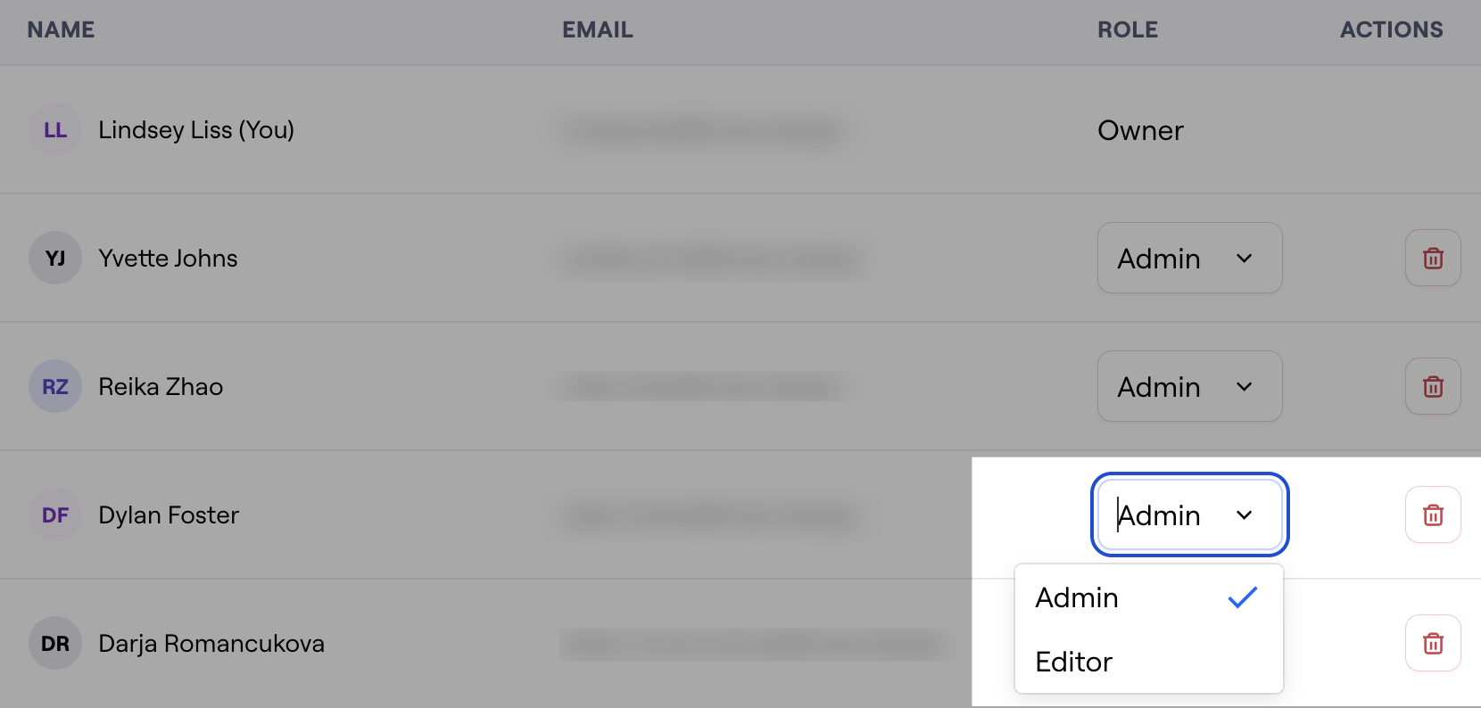 Maze team member settings showing role management with admin and editor permissions