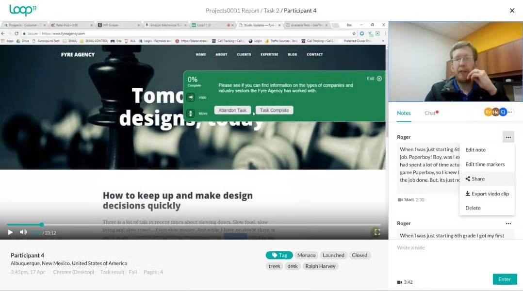 A user testing session interface in Loop11. The main window shows a website for "Fyre Agency" with an overlay task box asking the participant to find industry sectors. A small video feed of the participant is in the top right, while a sidebar on the right contains time-stamped notes and transcriptions from the session.